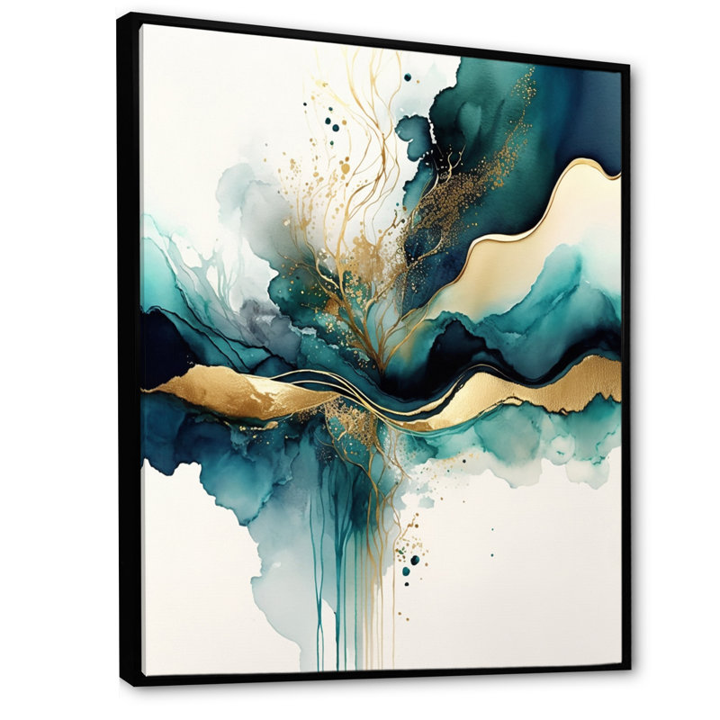 «Teal and Gold Abstract Expression III», art mural moderne sur toile, H 32 po x l 16 po, Reproduction avec cadre flottant
