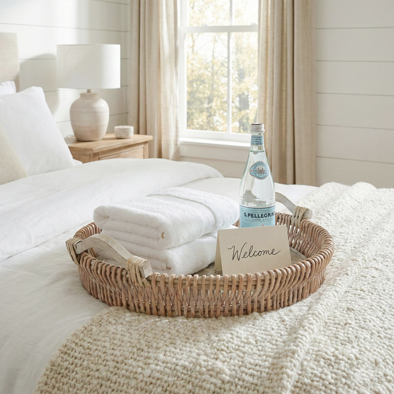 Handwoven Willow Round Ottoman Tray with Wooden Base and Handles, 20", White Wash