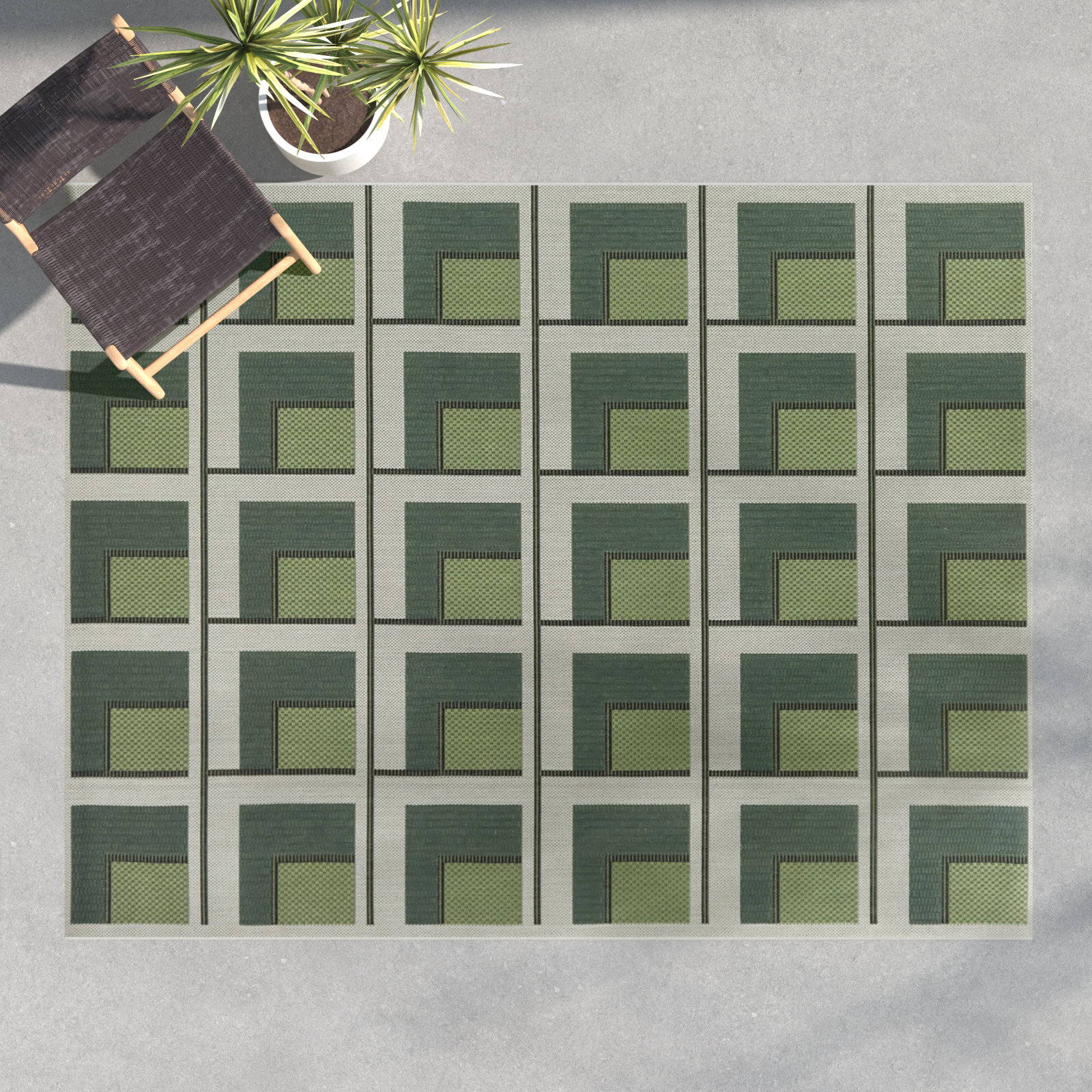Kamran Rectangle Geometric Machine Woven Polypropylene Indoor / Outdoor Area Rug in Green/Gray, Rectangle 5'3" x 7'