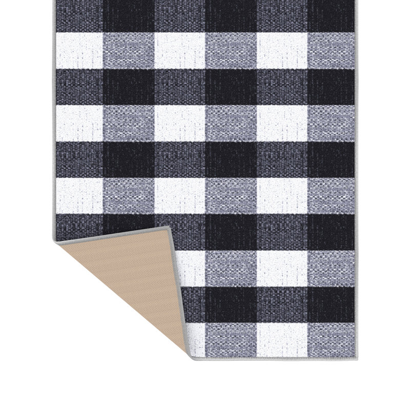 Homeline Non-Slip Rubberback Checkered Buffalo Plaid Indoor Runner Rug, Grayscale, Runner 7'10" x 23'
