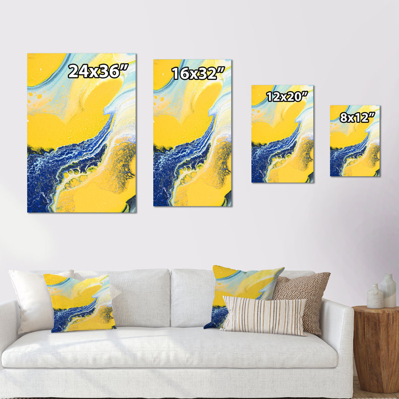 Art en marbre jaune et bleu foncé - Décoration murale moderne et contemporaine sur toile, H 20 po x l 12 po x P 1 po