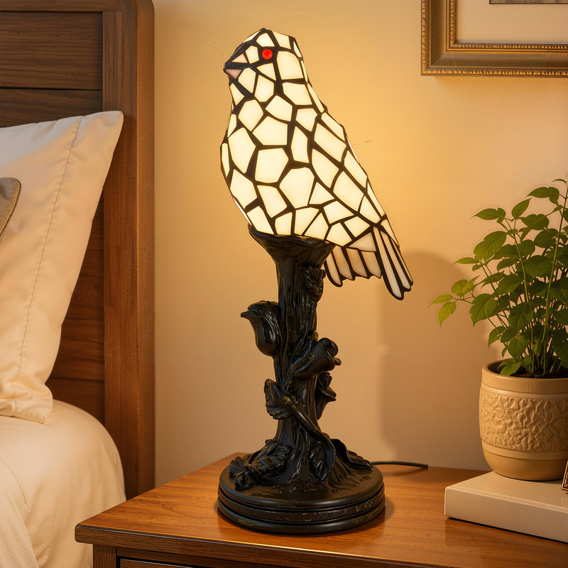 Lampe de table moderne en forme d'oiseau 12 po avec abat-jour en verre coloré, interrupteur marche / arrêt en ligne, douille E12 avec ampoule de 7 W incluse, pour la chambre à coucher, le salon, le bureau personnel et le bureau