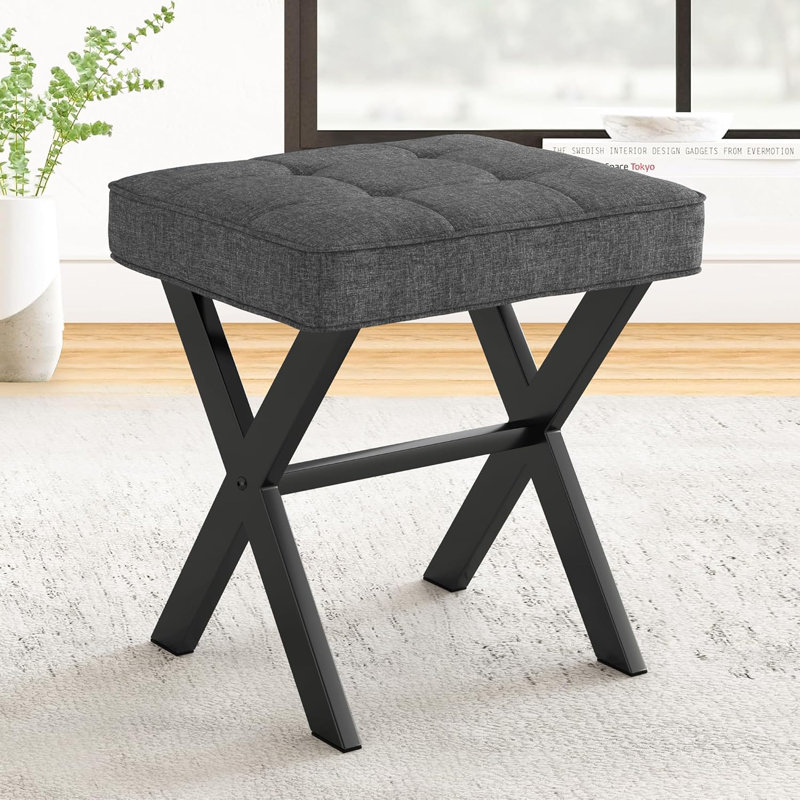 Tabouret de coiffeuse, tabouret de maquillage carré en lin avec pieds en X en métal, petit tabouret de fauteuil avec repose-pieds, couleur grise