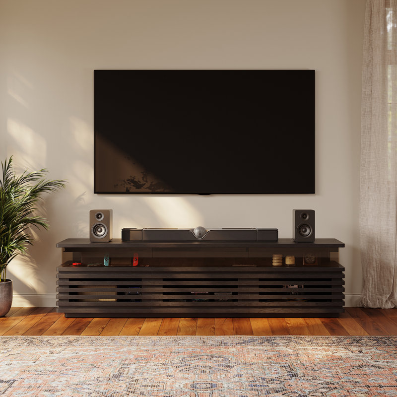 Selene Slatted Media Console With LED Lighting, No Assembly Required, Black, 20.47"H x 70.87"L x 17.72"W