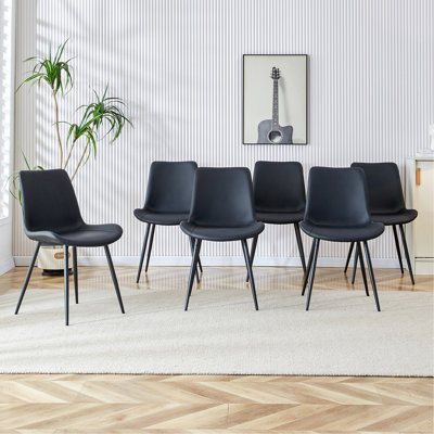Chaise de salle à manger à dossier noir en cuir artificiel, pieds en métal noir, conception de coussin incurvé élargi pour plus de confort, convient aux restaurants, cuisines, chambres à coucher, bureaux. (6 chaises)