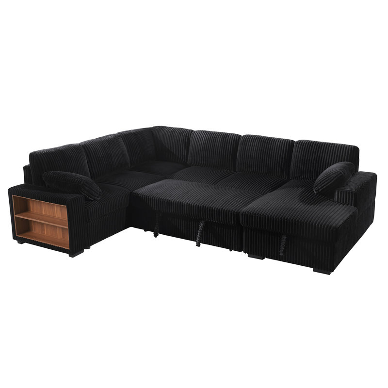 Shariff U-Shaped Corduroy Sectional Sofa with Pull-Out Bed, Storage Chaise Lounge & Open-Storage Armrest, Black Corduroy