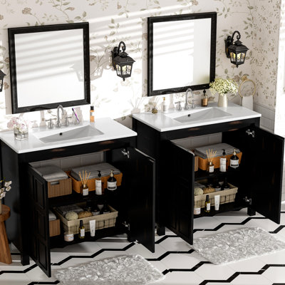 Meuble-lavabo double vasque 183 cm (72 po) - Couleur, bois massif, Charnières à fermeture douce et silencieuse, Grand espace de rangement, Style rétro, Céramique, Portes, Armoire