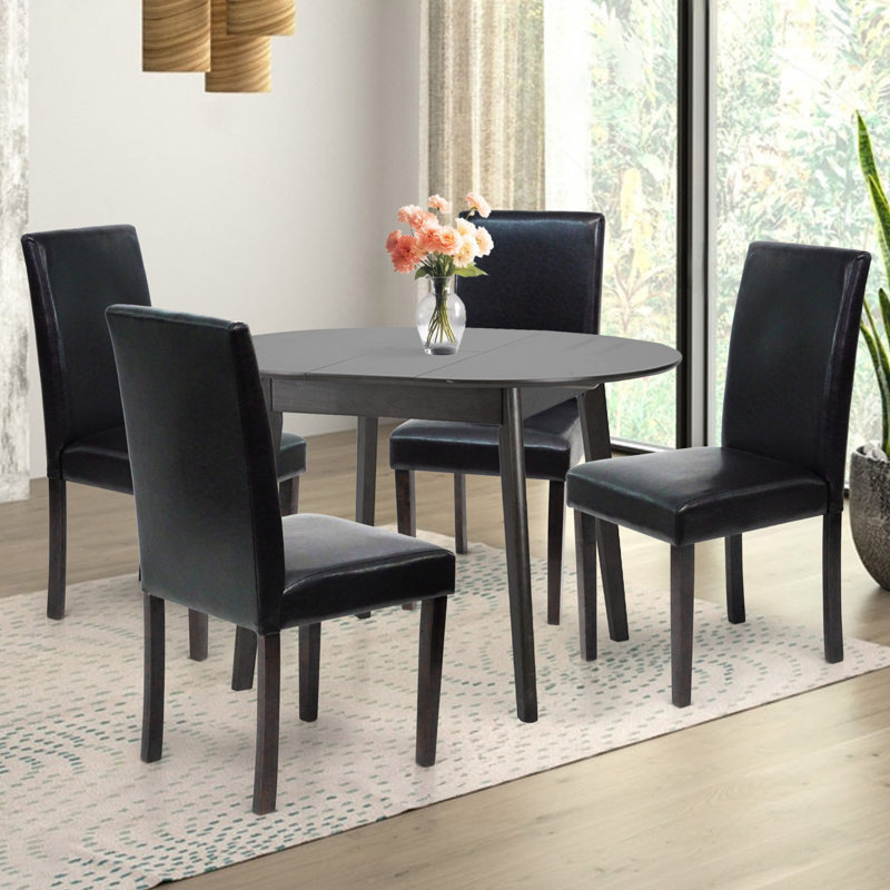Ensemble de table de salle à manger 5 pièces, table de salle à manger ronde extensible avec 4 chaises rembourrées en bois massif de style classique