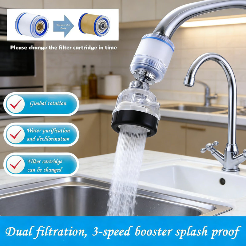 Filtre à eau de robinet avec 3 cartouches - Conception rotative à 360 °, 3 modes de jet réglables, réduit le chlore, le fluore, les métaux lourds et les sédiments pour l'évier de cuisine et de salle de bain