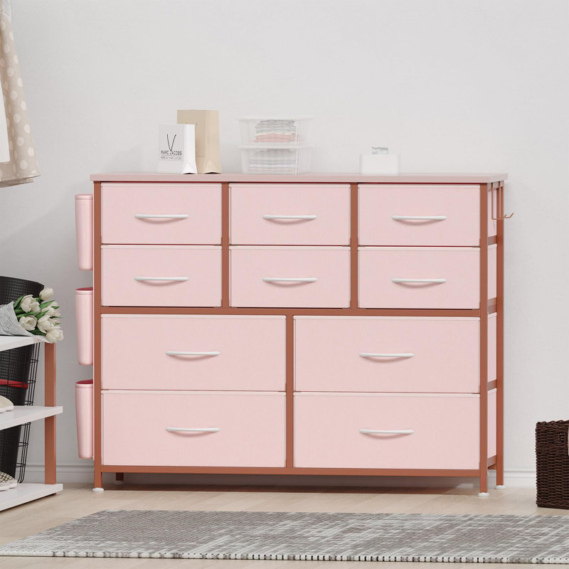 Commode 10 tiroirs, commode pour chambre à coucher avec 10 grands tiroirs de rangement en tissu, Rose