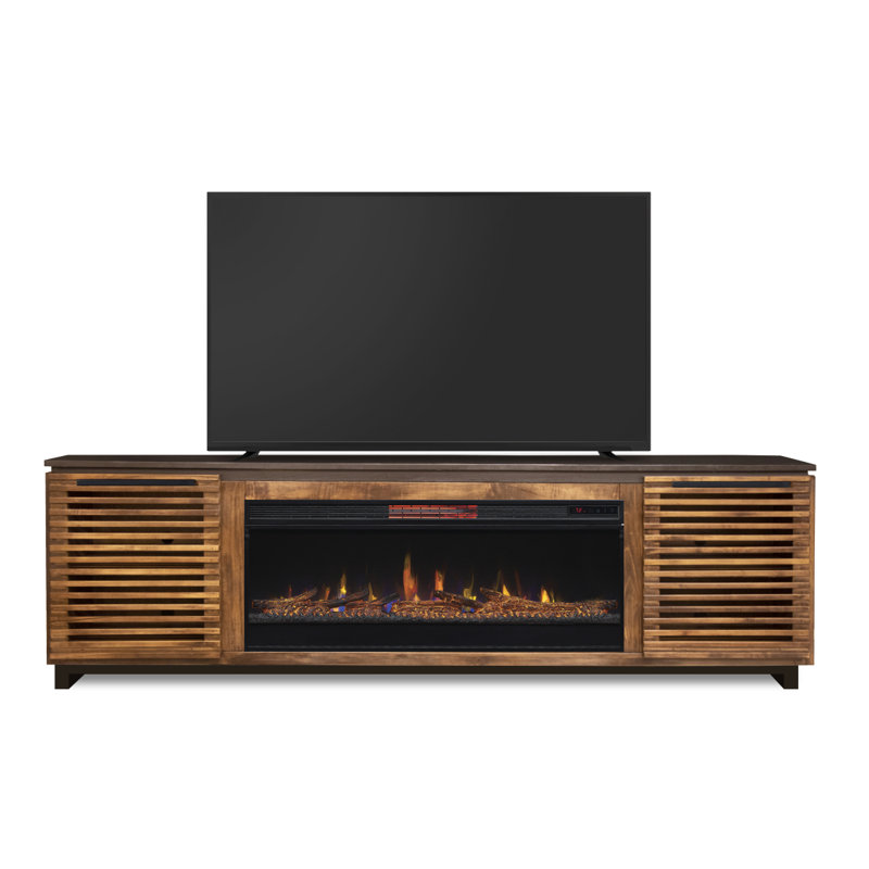 Meuble télé 86 po pour téléviseur de 100 po ou moins, assemblage minimal, noir avec finition bourbon