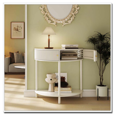 Console Table Half Moon Design End Table With 2 Storage Drawers And Bottom Shelf For Living Room, Bedroom, Study, Hallway