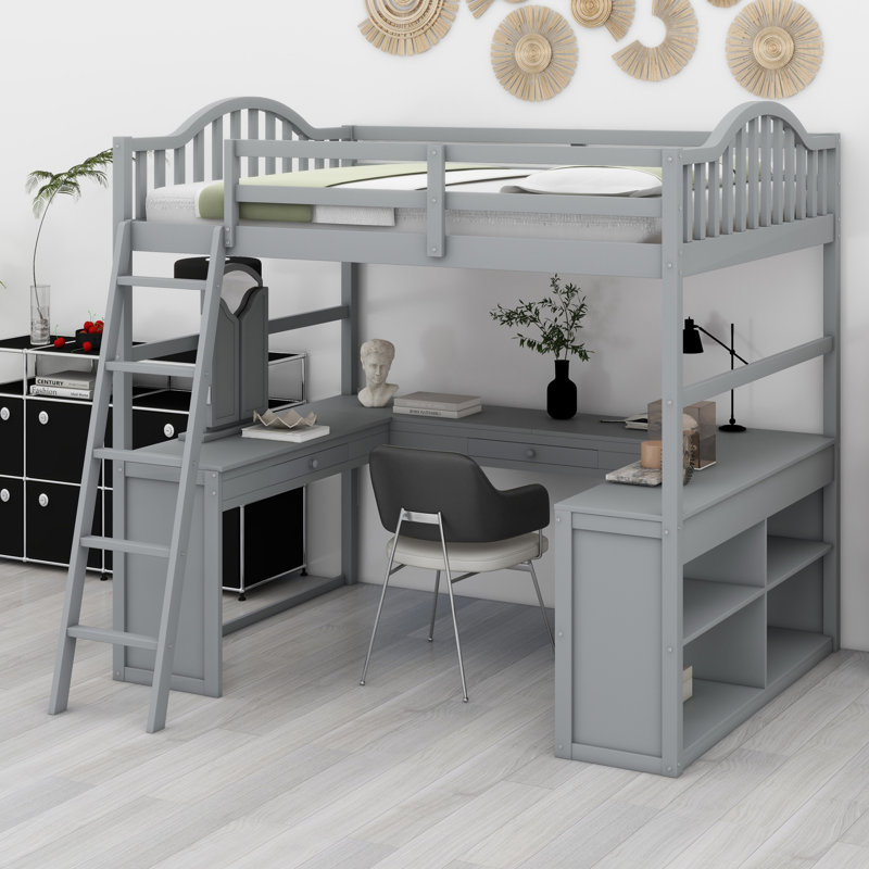 Loft Bed With U-shaped Desk, Bookcase And Mirror, Gray
