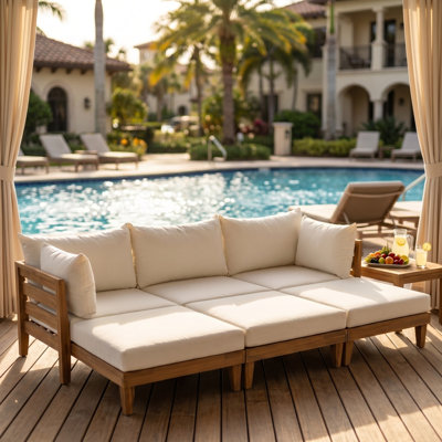 6-Piece Modular Acacia Wood Patio Daybed Sofa Set with Thick Cushions and Pillows