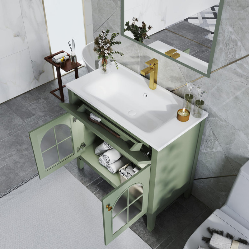 Meuble-lavabo 36 po avec lavabo en céramique, rangement et bande lumineuse activée par le mouvement, Green