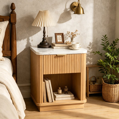 Natural Wood Finish Fluted Nightstand with Drawer and Open Shelf, Faux Marble Top and Gold-Tone Handle – Modern Bedside Table for Bedroom, Guest Room, Dorm & Living Room