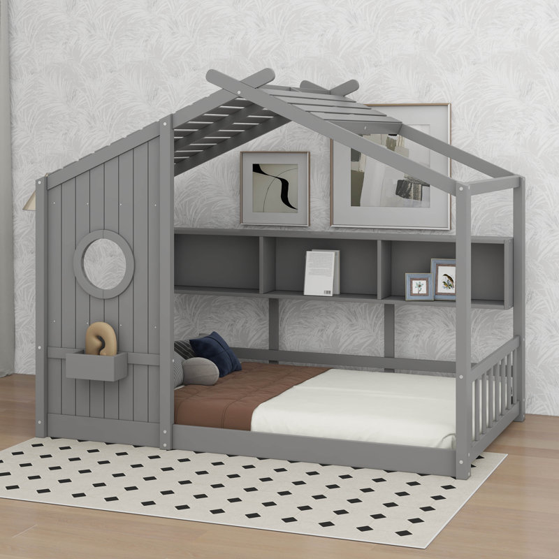 Conception de maisonnette avec tablette de rangement et base de lit en bois, Gris, Lit simple