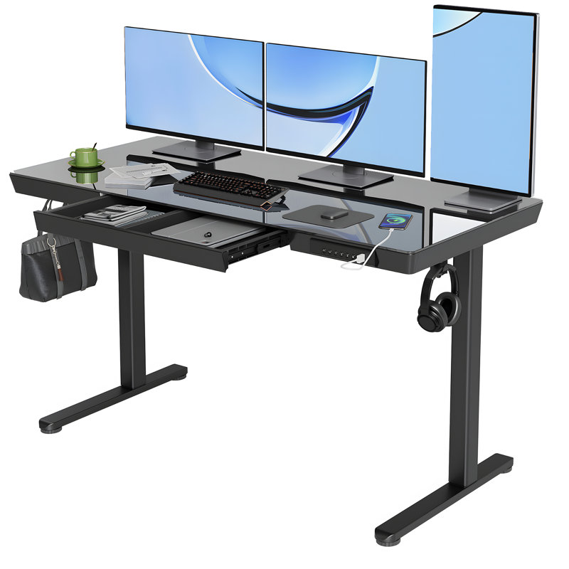 Odbert Tempered Glass Top Height Adjustable Standing Desk, Computer Desk with Drawer and USB Charge, Black