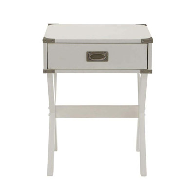 Stylish Side Table with Metal Corner Strapping and Flush Mount Drawer Pull, Ideal for Enhancing Any Home Decor