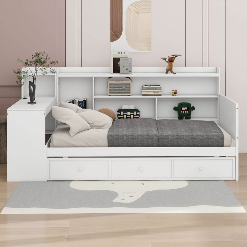 Wooden Daybed With 3 Drawers, USB Ports And Desk, Twin, White