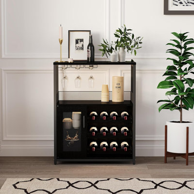 Multifunctional Wine Bar Cabinet with Removable Rack, 3-Tier Storage with Mesh Door & Glass Holder, Sturdy Metal Frame Wine Rack, for Kitchen,Bar and by Ophelia & Co.