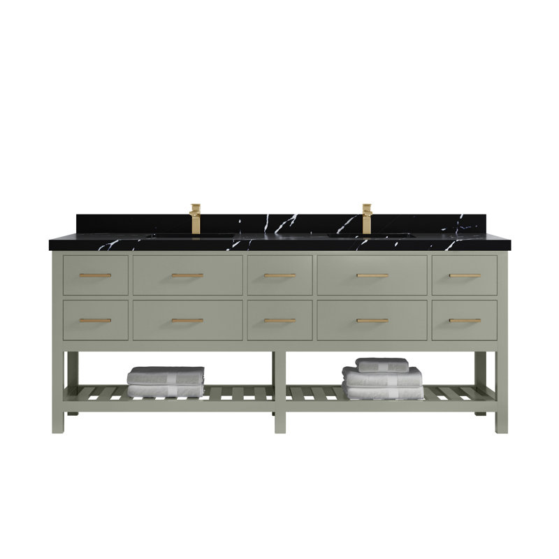 Parker 84 In. W X 22 In. D Double Sink Bathroom Vanity In Evergreen With 2 In., Calacatta Black