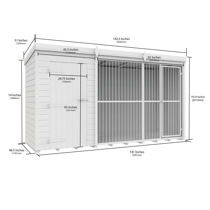 Total Sheds 12ft x 4ft Dog Run Full Height With Bars - Outdoor Dog Kennel - Pressure Treated Timber - UK Manufactured