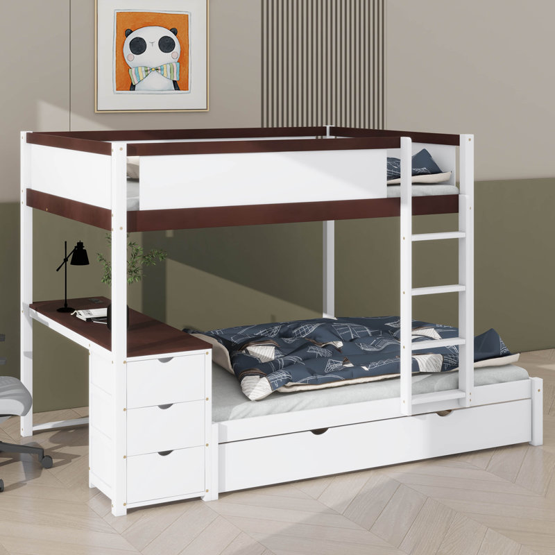 Full-Over-Full Bunk Bed With Twin Trundle, Storage Space & Desk, Full over Full, White/Walnut