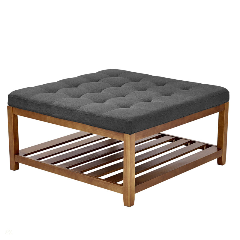 Grande table basse carrée avec repose-pieds intégré, capitonnée, de 88 cm (34,5 pouces), avec étagère de rangement en bois massif, supportant jusqu'à 181 kg (400 lb), recouverte de lin. Couleur : gris foncé.