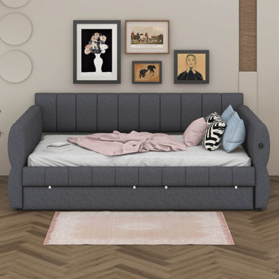 Queen Size Daybed With Storage And USB, Upholstered Platform Bed With Trundle, Corner Daybed For Bedroom, No Box Spring Required