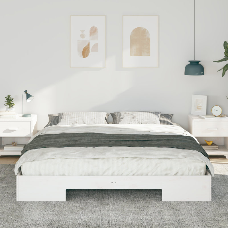 Floor Bed Frame With Storage Solid Pine Wood, White, Super King (6')