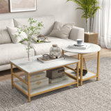 Coffee Tables Set Of 2, 2-Rier Rectangle And Round Coffee Table With Storage Shelves, Faux Marble Top And Steel Frame, Sofa Side Table For Living Room, White