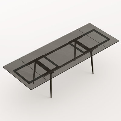 94.4 Inch Extendable Glass Dining Table Modern Rectangular Kitchen Furniture with Black Metal Legs for 8 People Black