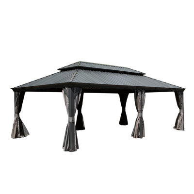 14X24ft Deck Garden Gazebo - Galvanized Steel Top, Aluminum Frame, Built-In Gutter, Grey Roof, Insulation,