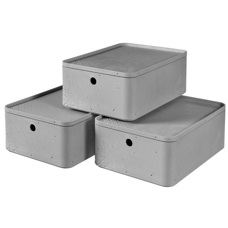 Set Of 3 Concrete Boxes With Lids In Light Gray, 8 L