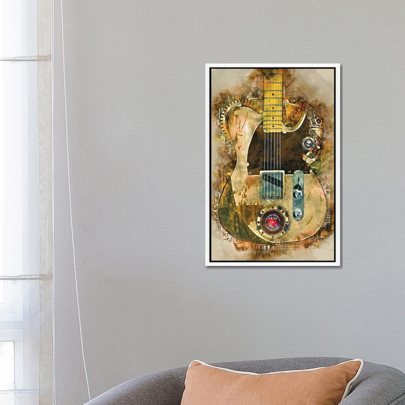 Jeff Beck's Steampunk Guitar - Painting on Canvas, 66.04cm H x 45.72cm W x 3.81cm D, White Floater Framed