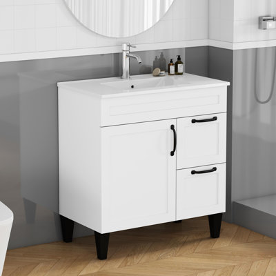 Meuble-lavabo de 31,5 po avec lavabo combiné, armoire avec 1 porte et 2 tiroirs, poignée en métal noir, pieds noirs, charnière à fermeture en douceur, armoire de salle de bain Mordern, lavabo en céramique, assemblage facile