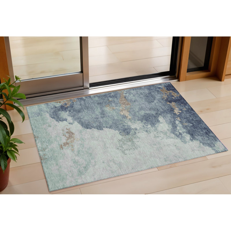3' X 5' Pale Aqua And Taupe Abstract Washable Indoor Outdoor Area Rug