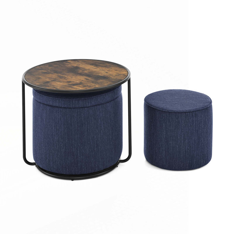 Multi-Functional Ottoman Table Set with Drum Stool and Storage Space, Dark Blue