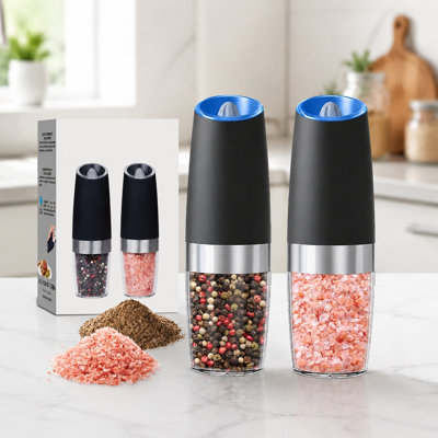 Electric Gravity Salt and Pepper Grinder Set with LED Light and Adjustable Coarseness, 2 Piece, Black