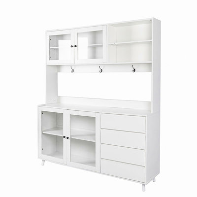 Grande armoire murale de 63 po de largeur, armoire de rangement autoportante avec 4 portes, 4 tiroirs et une tablette pour micro-ondes, blanc