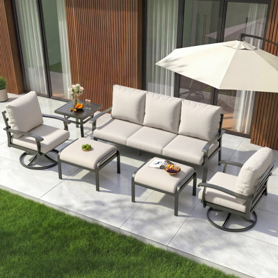 6 PCS Outdoor Metal Conversation Set With 360° Swivel Rocking Chairs, Sofa, &Ottoman For Patio, Garden, Deck Or Poolside