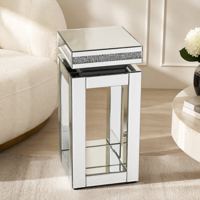 Table de bout en miroir avec incrustation de cristaux, petit canapé moderne 2 niveaux avec rangement, table d'appoint argentée pour le salon, la chambre à coucher, le café et les petits espaces: P 11,8 po x l 11,8 po x H 26 po