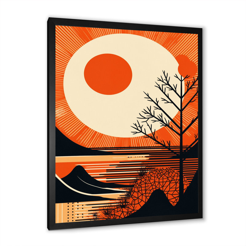 Soleil orange assis au sommet d'une montagne - impression, Cadre simple noir, H 20 po x l 12 po x P 1 po
