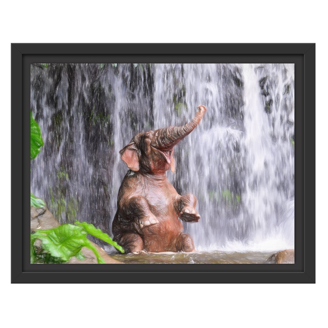 Gerahmter Grafikdruck Baby Elephant at a Waterfall