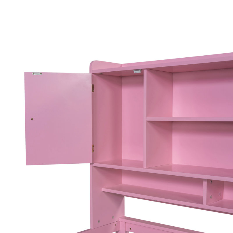 Twin Size Multifunctional Wood Platform Bed With Bookshelf At The Head Of The Bed, Built-In Desk And Matching Chair, Pink