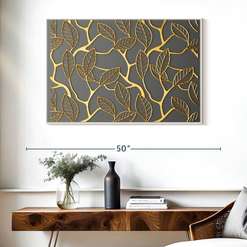 Treillis feuilles d'or, Cadre flottant blanc, 40 po x 27 po