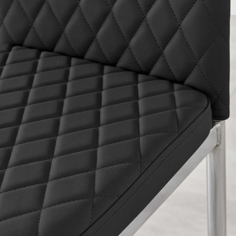 Tierra Modern Metal & Glass Round Dining Table Set with 4 Quilted Faux Leather Chairs, Black/Silver