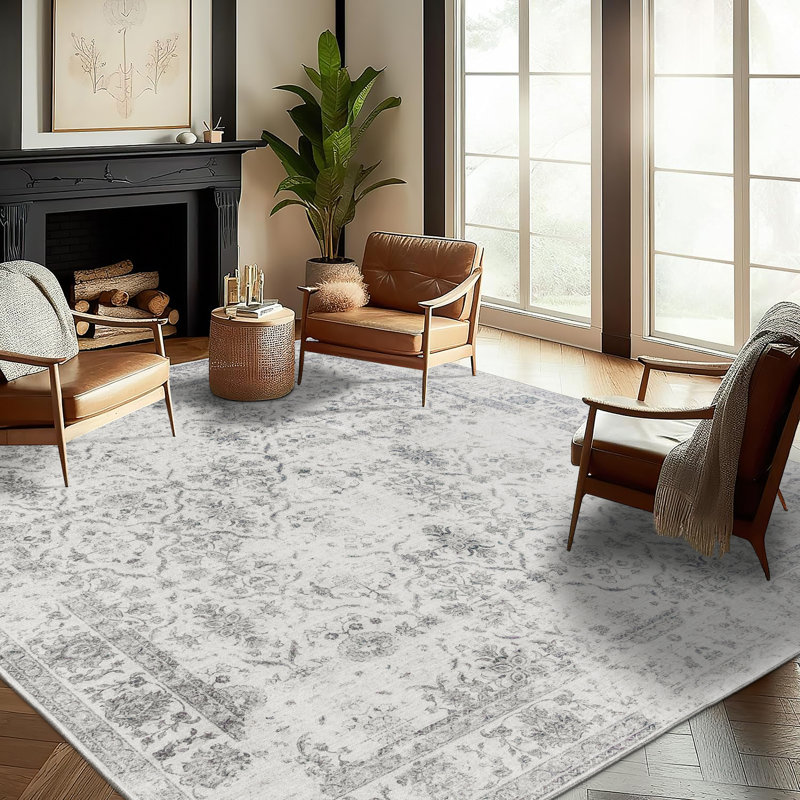 Roshun Noor Vintage Machine Washable Area Rugs, Rectangle 5' x 7', Ivory Gray
