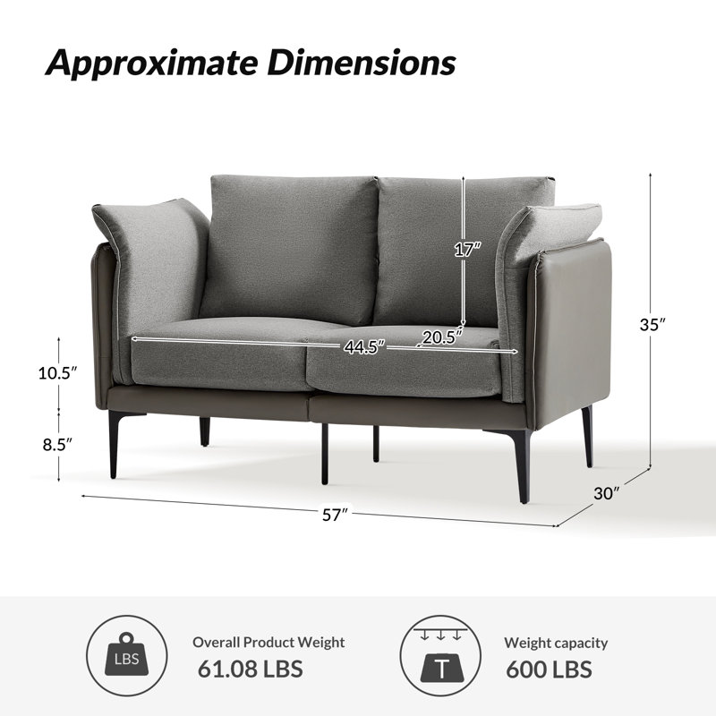 57" W Upholstered Loveseat with Metal Frame, Gray